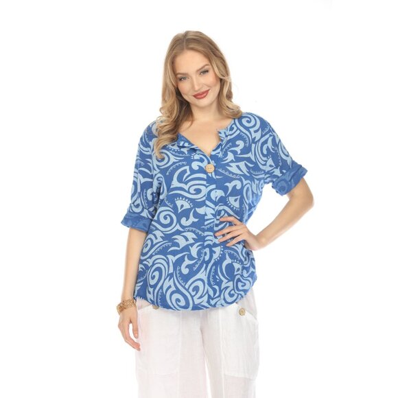 Royal Blue Spiral Print V-Neck Button Detail Top - Picture 2 of 10
